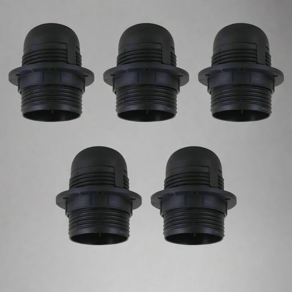 Five black E27 lamp holders in a plastic box with metal screw terminals; includes an E27 lamp holder for vintage lighting.