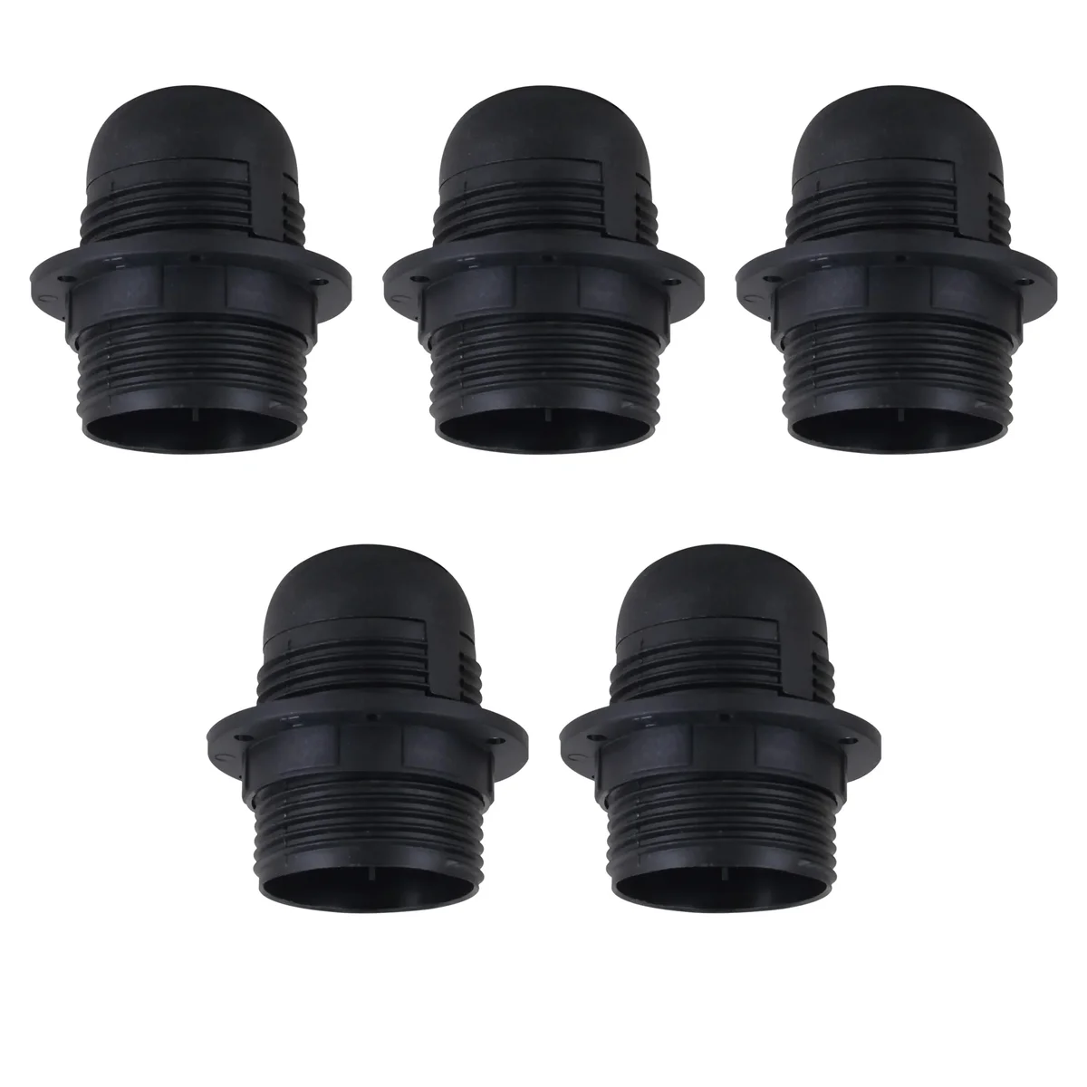Five black vintage lamp holders with E27 screw sockets, ready for pendant lighting installation
