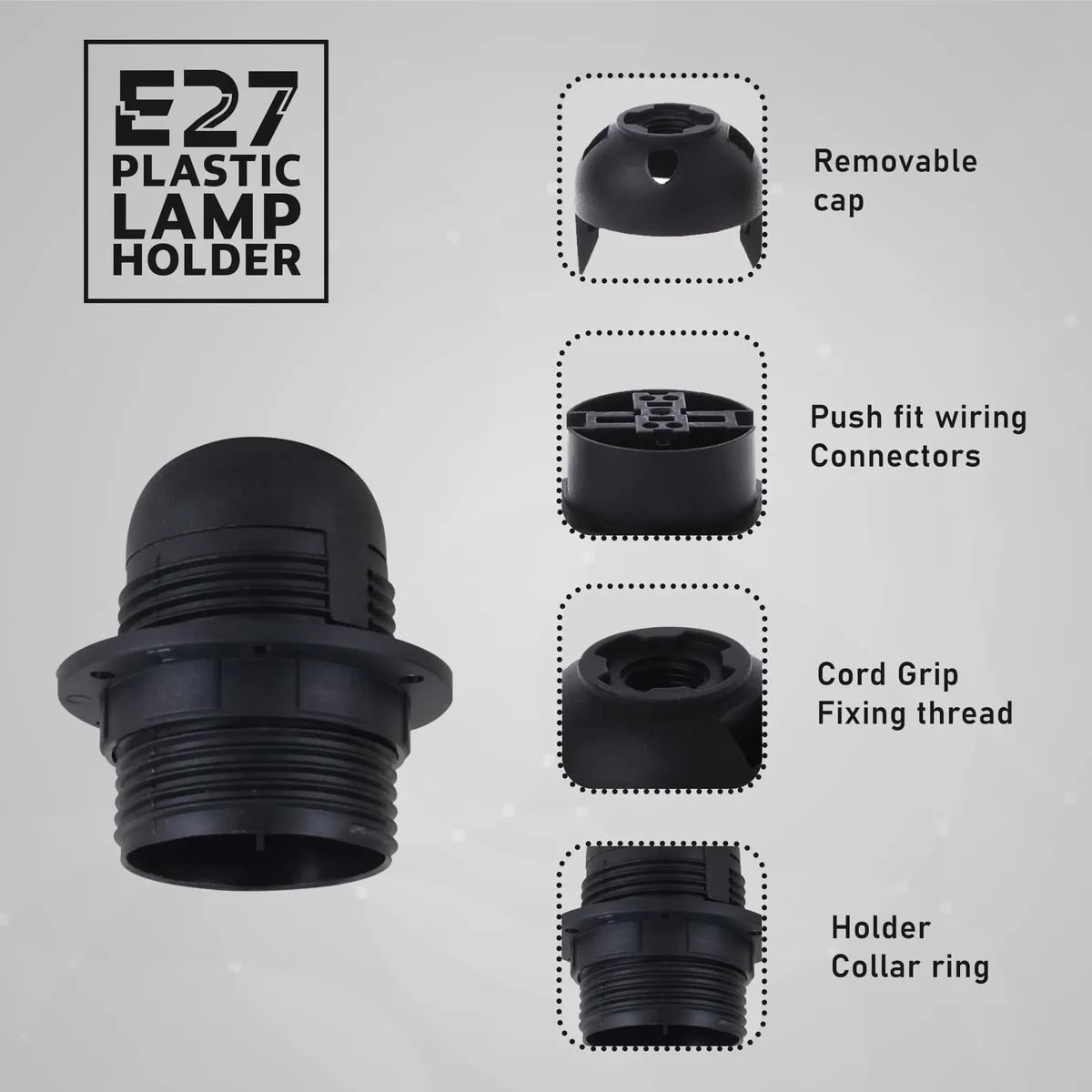 Five black vintage E27 bulb holder sockets with metal screws, heat‑resistant plastic, displaying classic pendant design.
