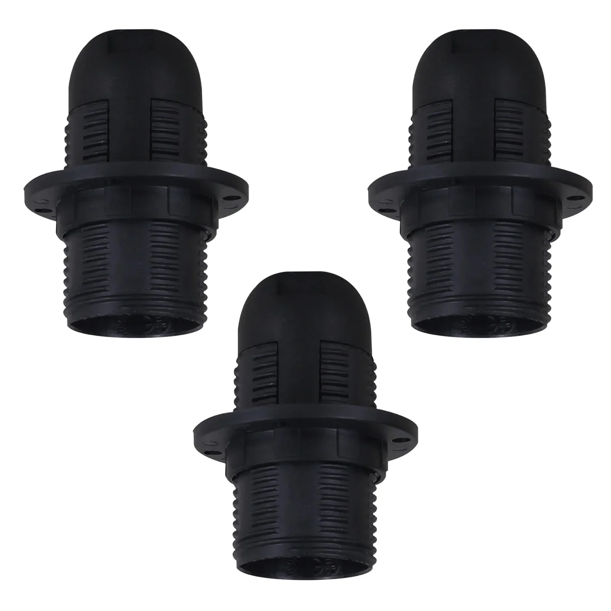 Set of three black plastic E14 lamp holders, each 5.5cm tall and 4.2cm wide.