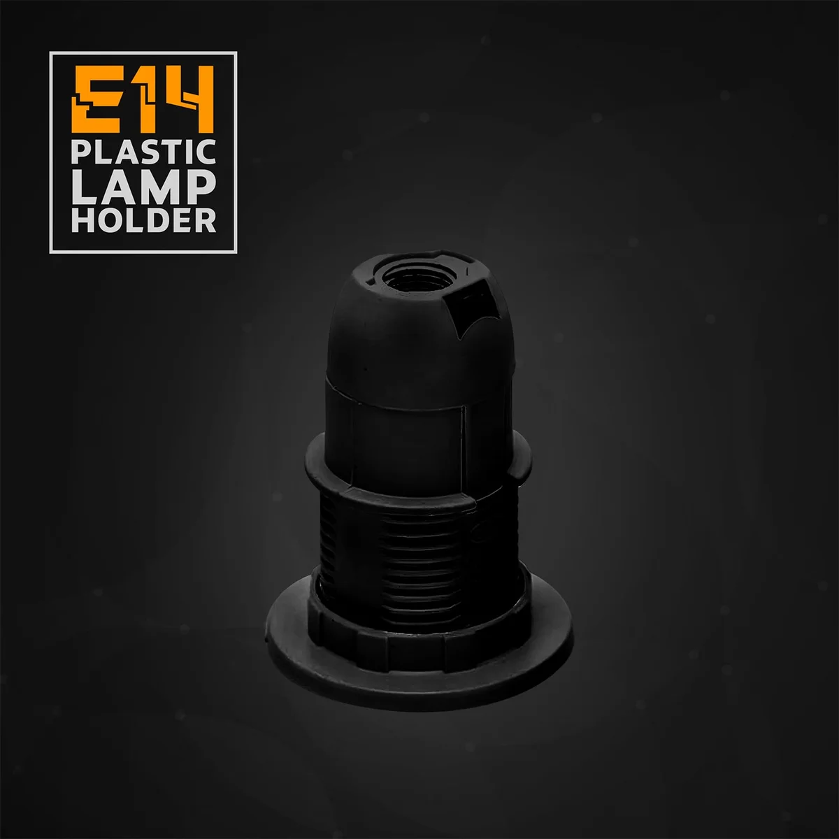 Set of three black plastic E14 lamp holders, showing screw sockets and durable construction.