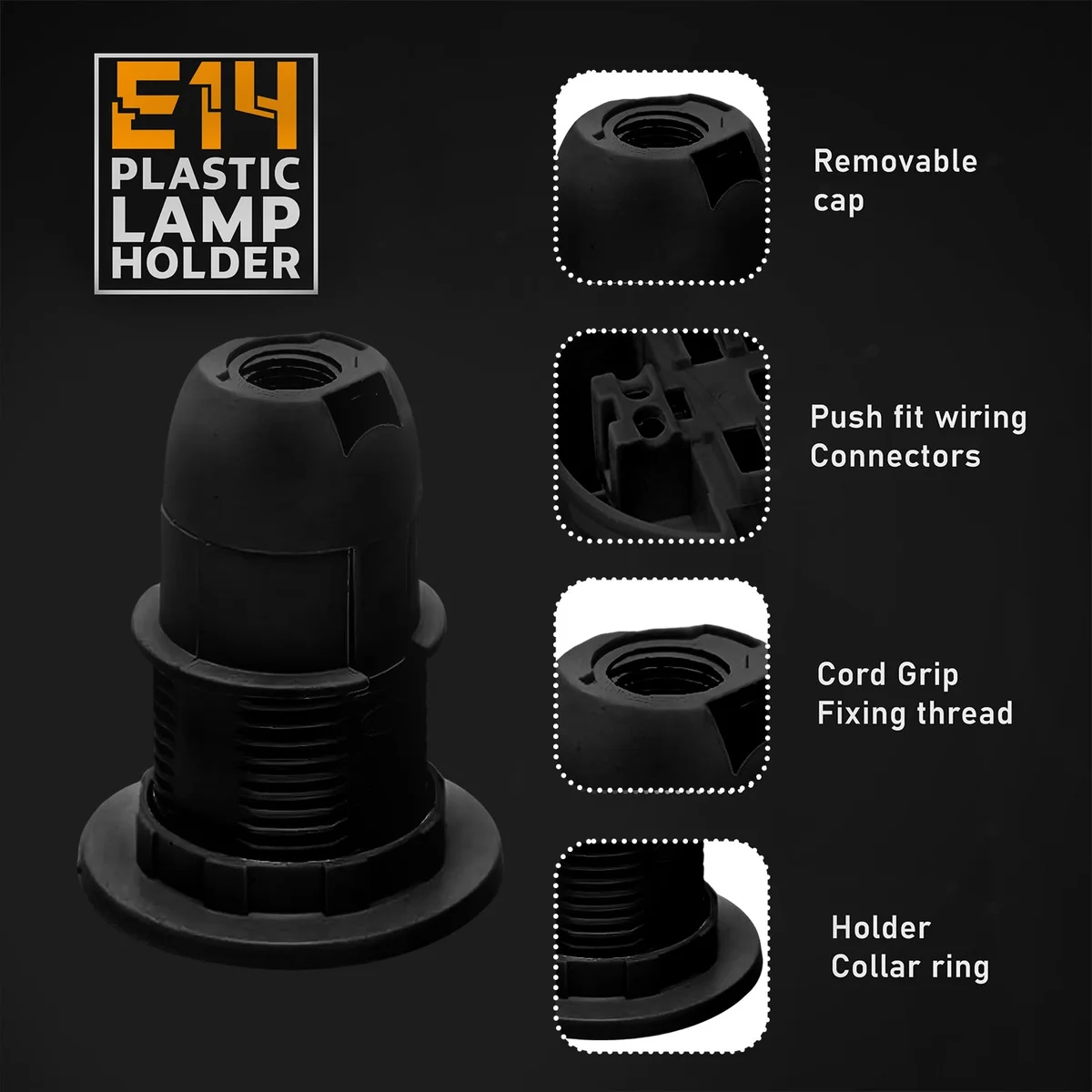 Three black plastic E14 bulb socket, 5.5 cm tall, 4.2 cm diameter, with push-fit connectors, in a value pack.