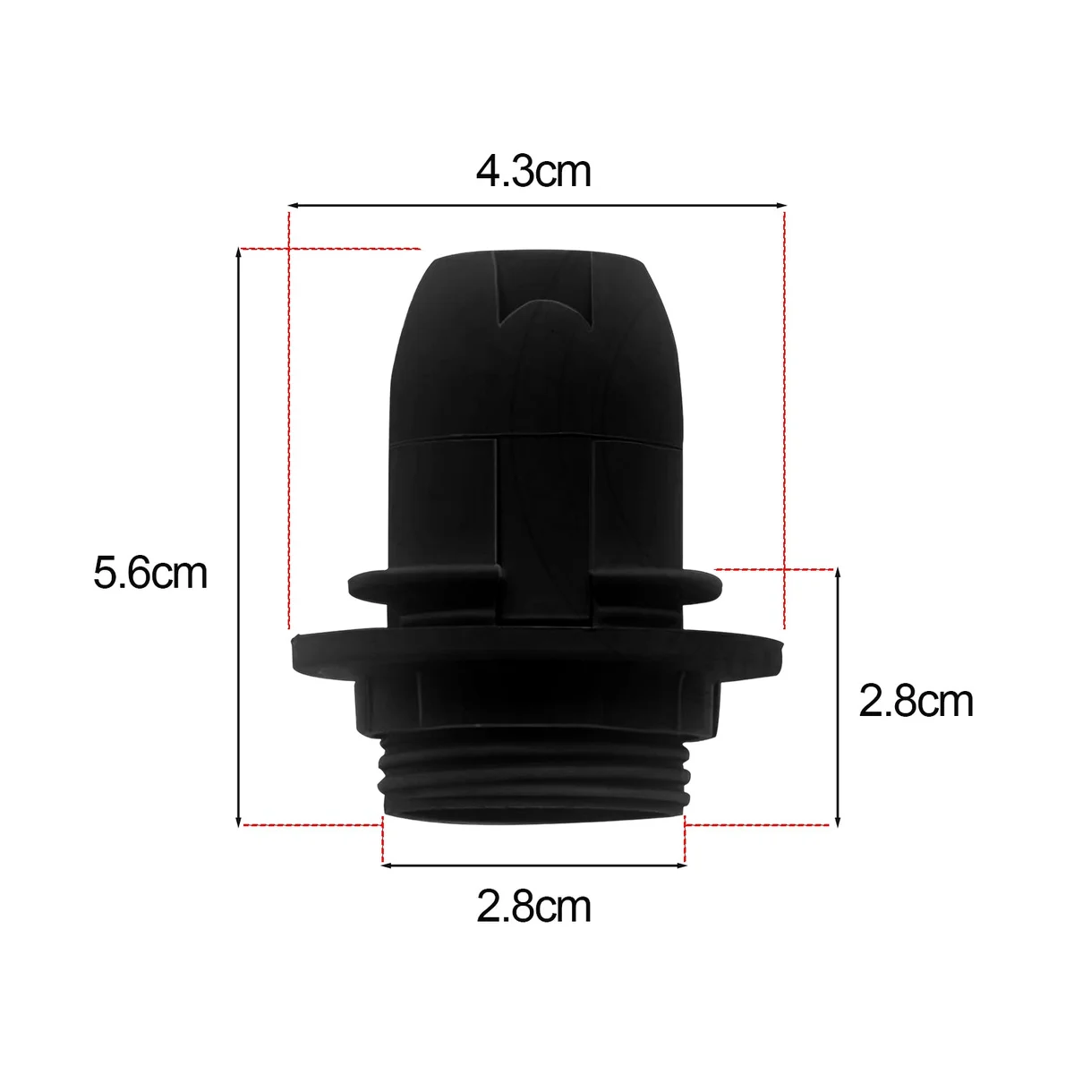 Set of three black plastic E14 screw socket holders, 5.5 cm tall, 4.2 cm wide, heat‑resistant and with push‑fit connectors.