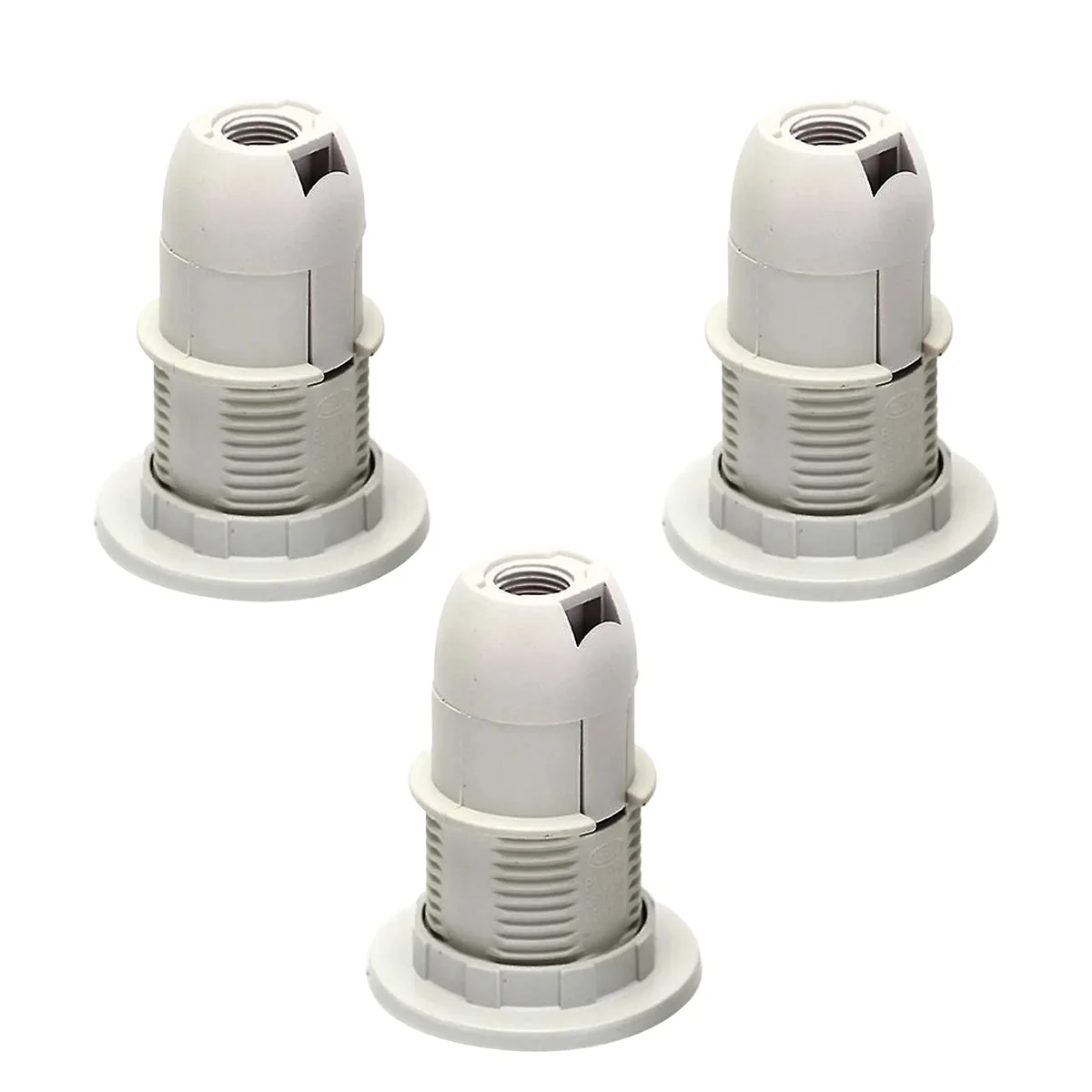 White plastic E14 bulb holders in a flat pack of three, each with a 39mm ring thread, suitable for small Edison screw bulbs.
