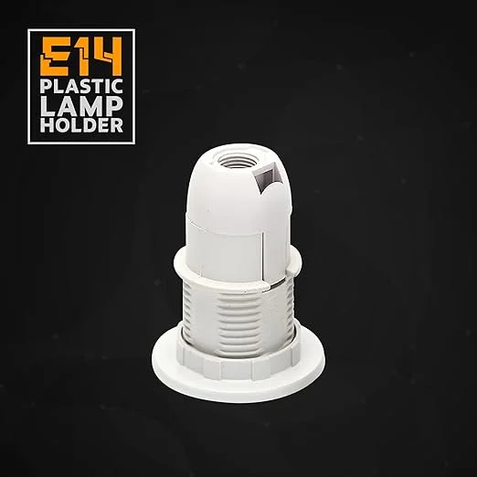 White vintage E14 lamp holder with 39mm ring thread and removable lampshade collar, made of metal and heat‑resistant plastic.