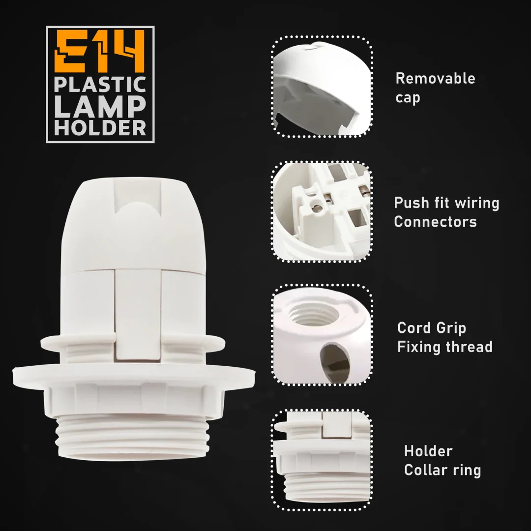 White vintage E14 bulb holder with 39mm metal ring, plastic housing, screws for indoor home lighting.