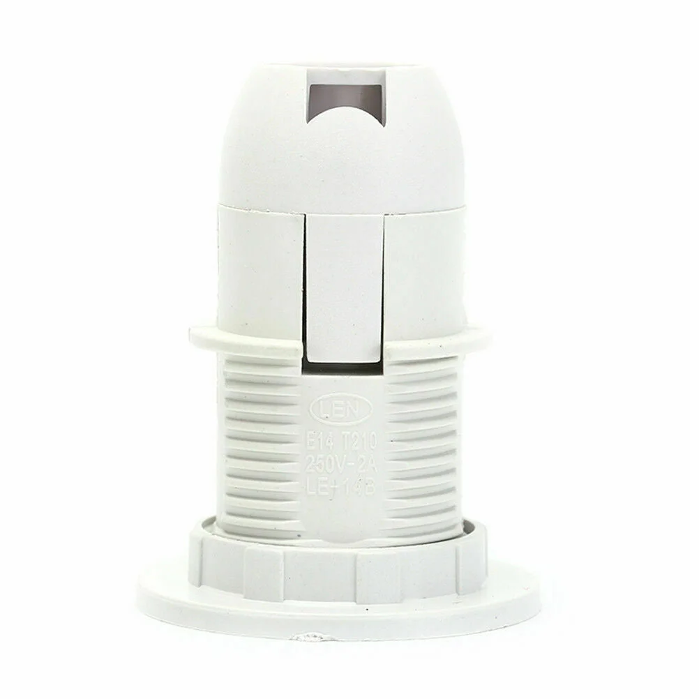 White E14 bulb adaptor with detachable lampshade collar and 39mm ring thread, made of metal and heat‑resistant plastic