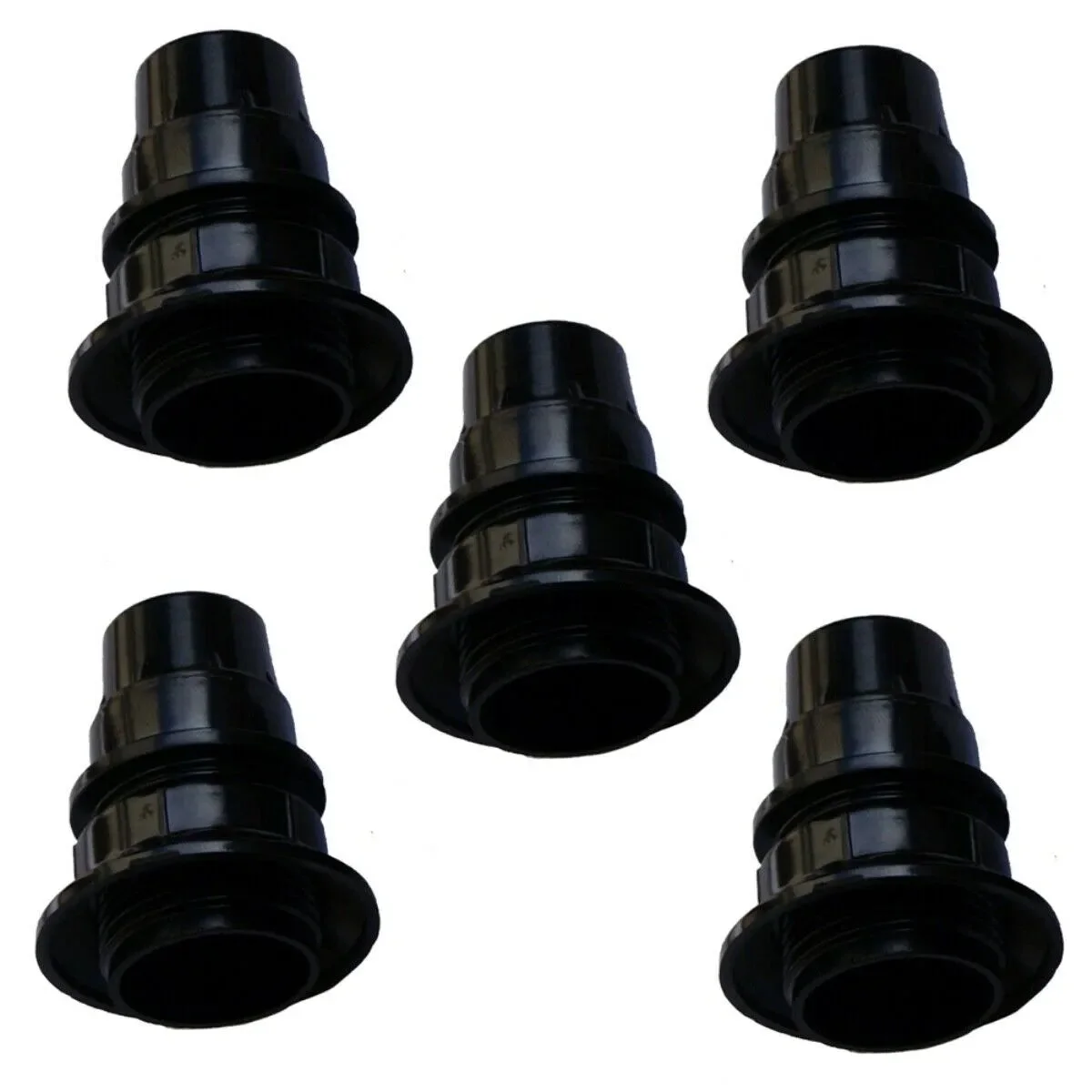 Black plastic lamp holder with E14 small screw socket and 39mm shade ring, shown in a pack of five.