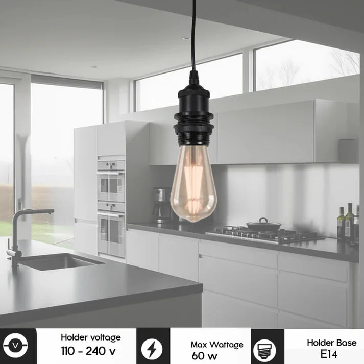 Five black plastic E14 lamp holders with 39 mm shade rings displayed in a 5‑pack.