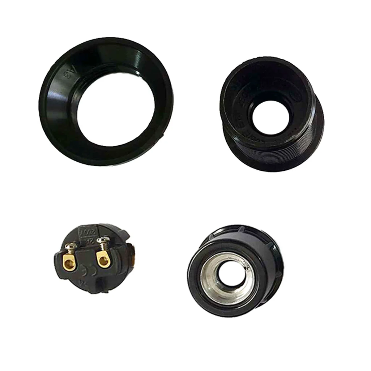 Black Bakelite E14 screw socket holders arranged in a pack of three, showing the plastic housing and brass screw base.