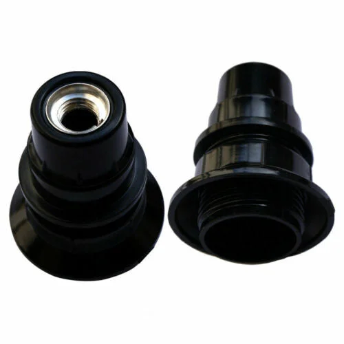 Three black bakelite E14 lamp holders in a flat‑pack arrangement on a neutral background.