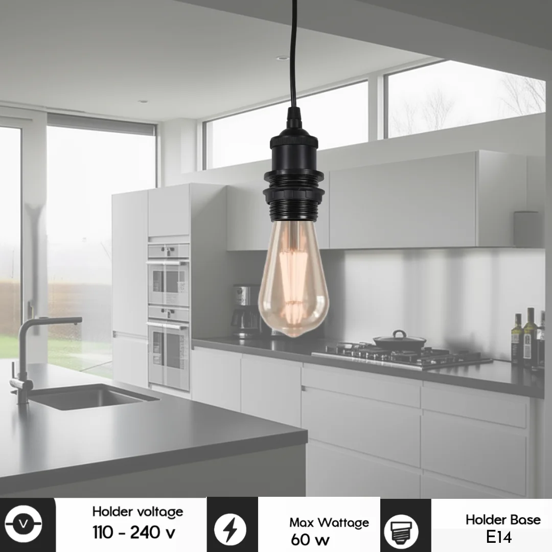 Black plastic E14 lamp holder with 39mm ring thread and removable shade collar, vintage style for indoor use.