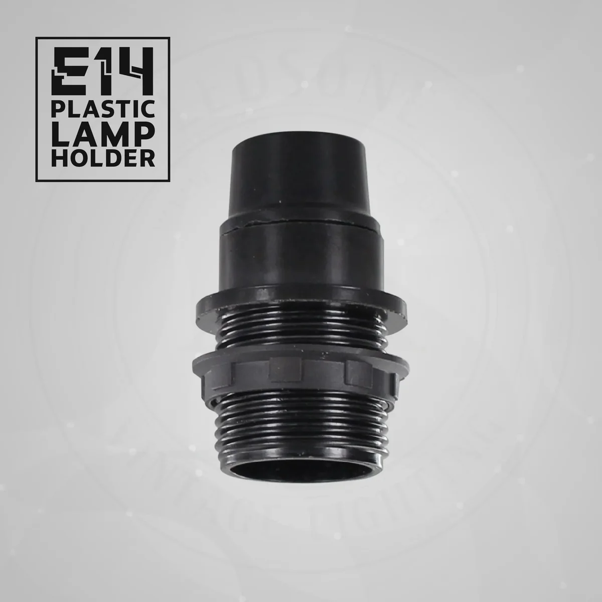 Black vintage small screw bulb holder with removable collar, 39mm ring thread, designed for E14 Edison screw bulbs.