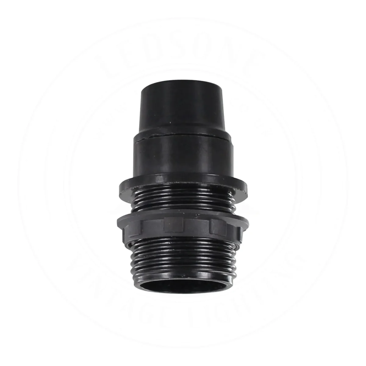 Black plastic Edison E14 bulb holder with 39mm ring thread and removable lampshade collar, suitable as an indoor bulb holder