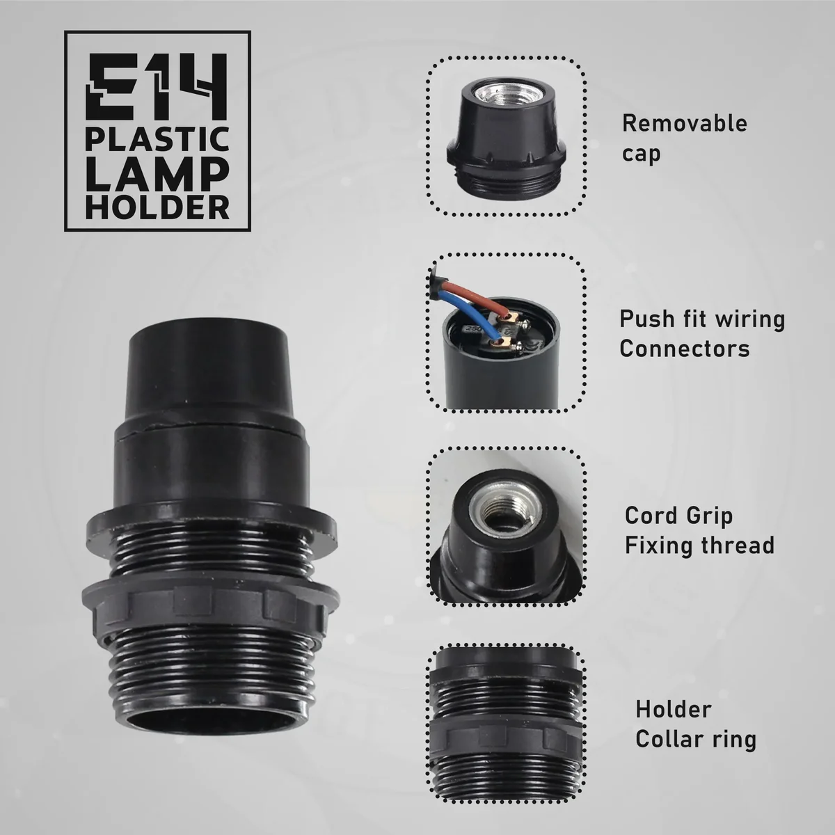 Vintage black plastic E14 bulb holder with 39mm ring thread, removable lampshade collar, for indoor 60W bulbs.