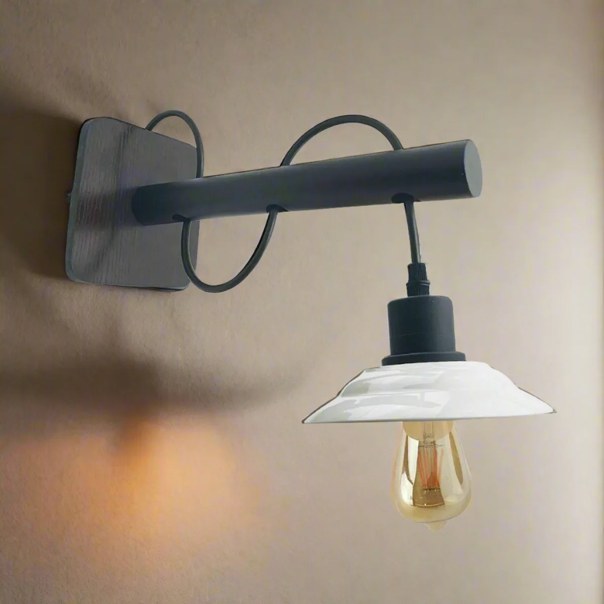 Modern wall light with metal body, exposed hardware and PVC shade, cast in mid‑century design.