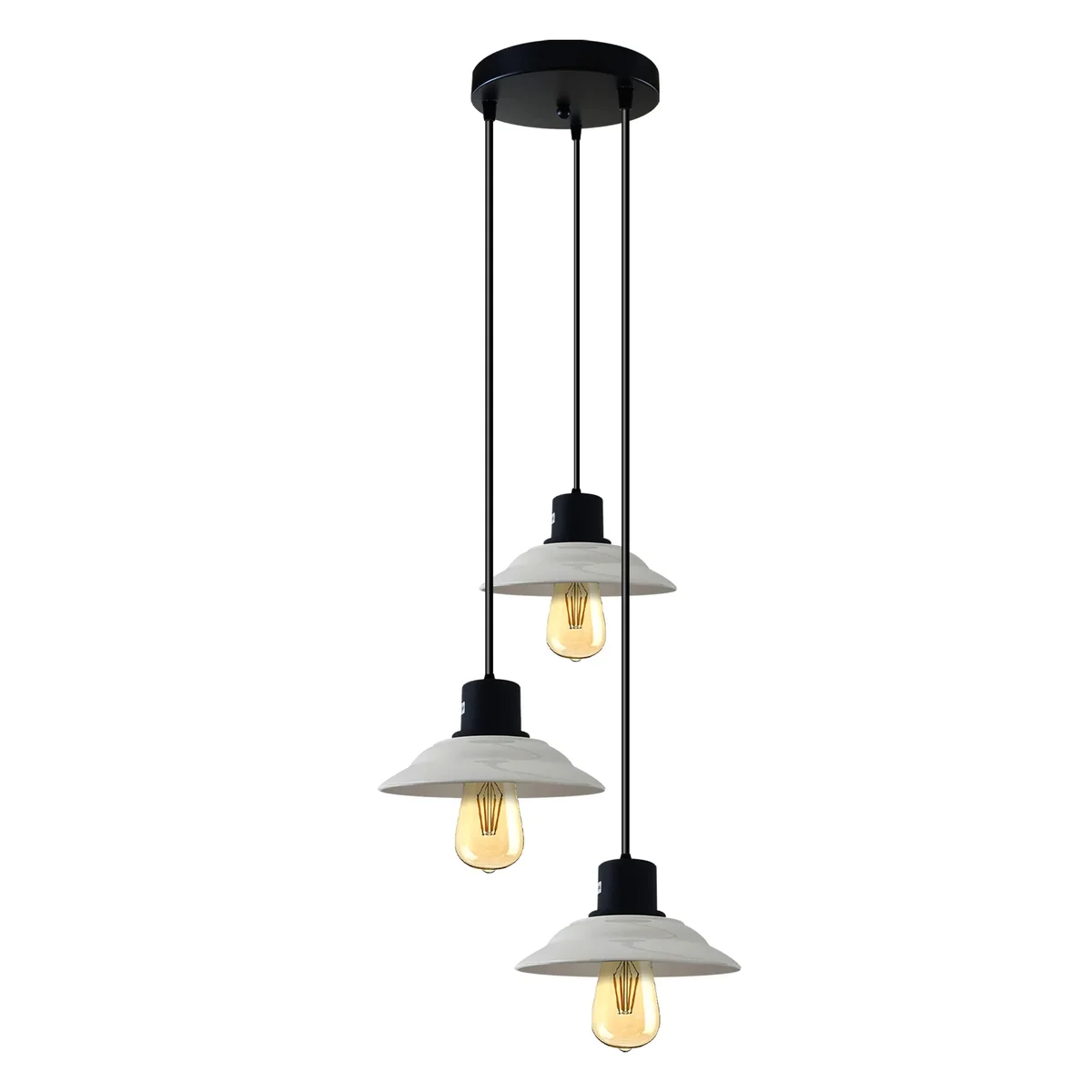 Dimable dining light: black‑white ceramic 3‑light pendant with vintage shade, sleek gloss finish for warm dining rooms.