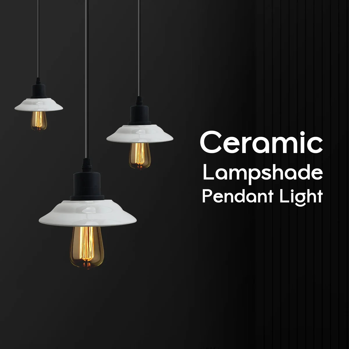 E27 pendant lighting: black and white vintage ceramic 3‑light fixture with glossy shades and metal ring.