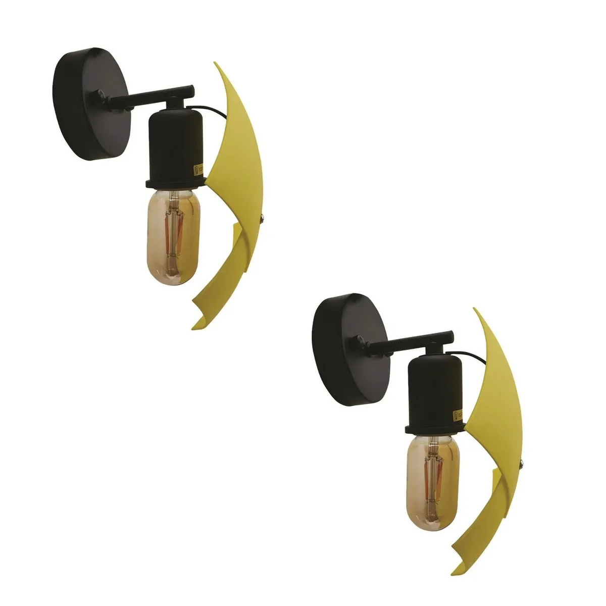 Two yellow vintage wall light fixtures with curved PVC shades and metal bodies, using E27 bulbs, wall-mounted.