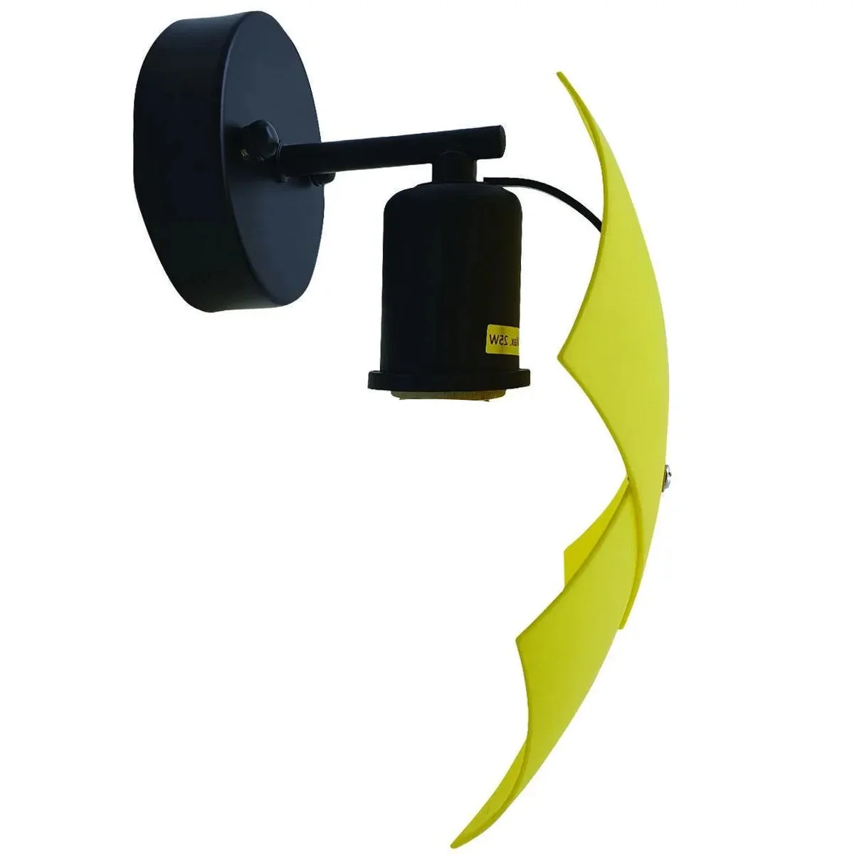 Two yellow PVC wall sconces with metal bodies and exposed hardware, rated for E27 bulbs, mounted on a thin wall base.