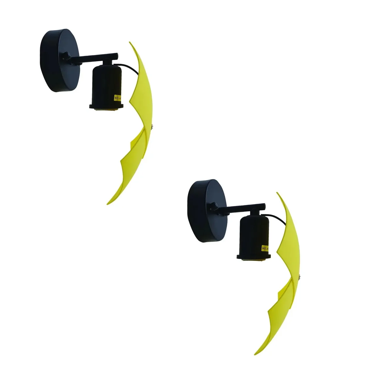 Set of two yellow indoor wall sconces on a wall, with curved PVC shade and metal body.