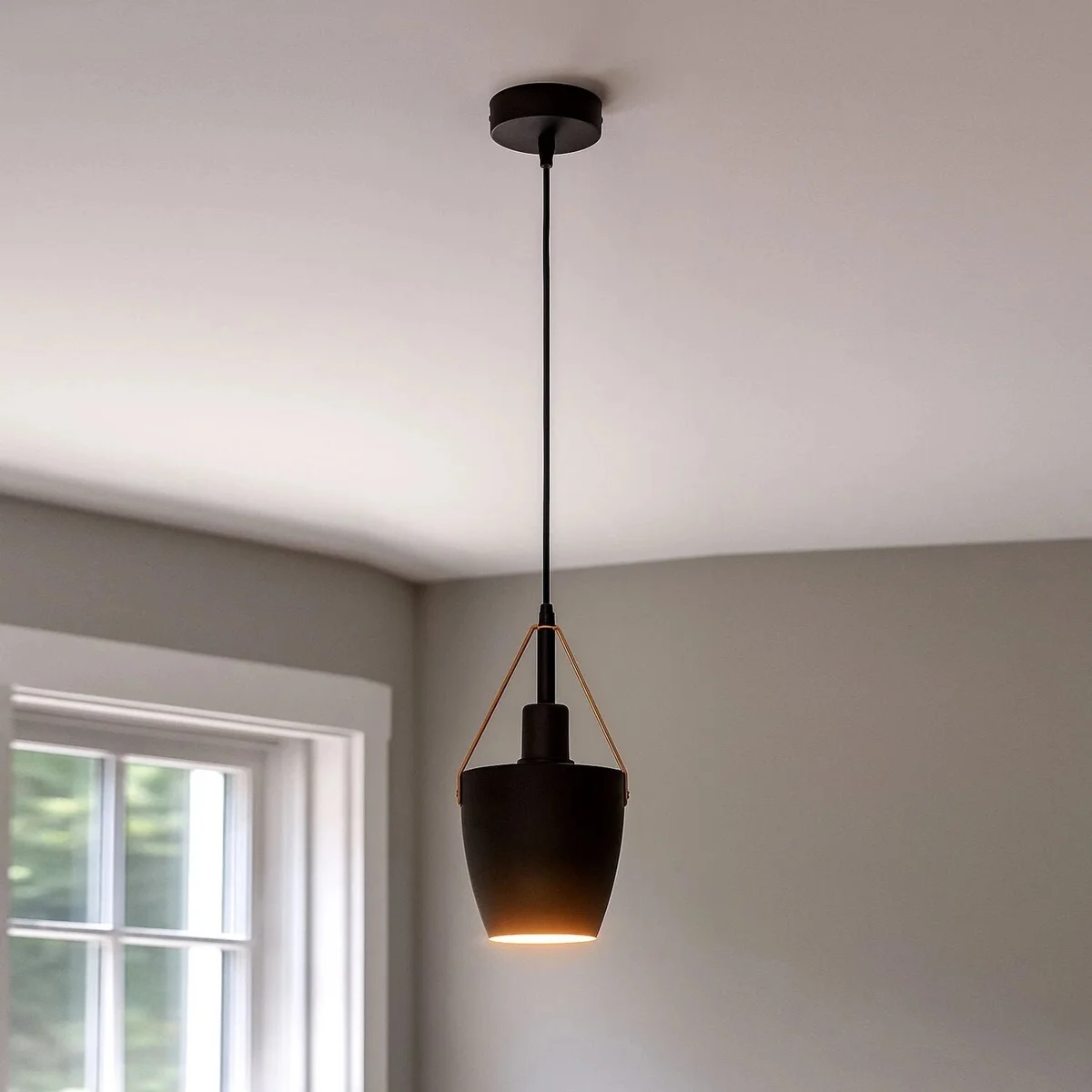 Pair of vintage pendant ceiling lights, black metal finish with adjustable 105cm wire, hanging from ceiling.