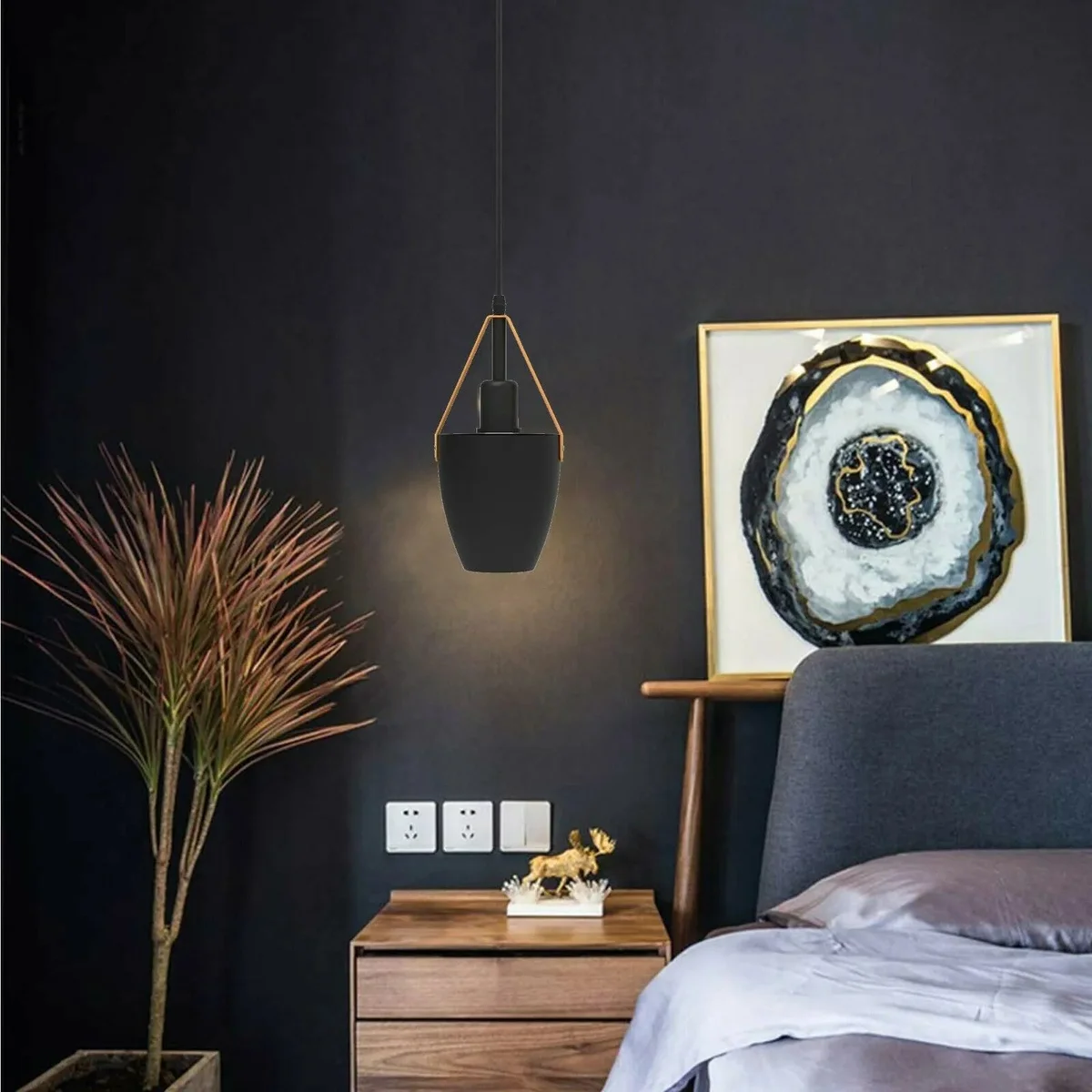 Two black metal pendant lights with E27 sockets, sleek black finish and adjustable 105cm cables.