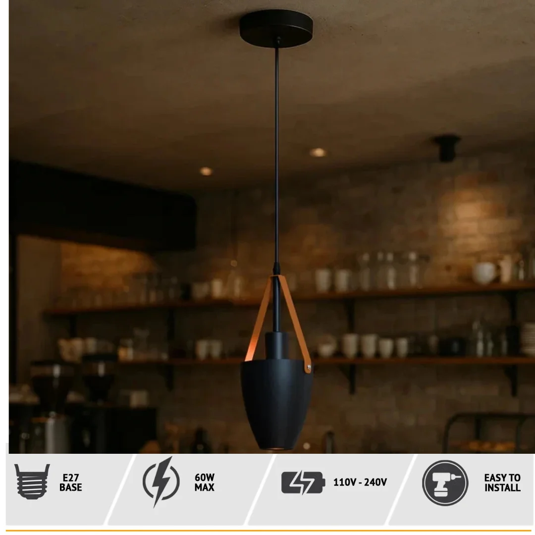 Two sleek black metal E27 pendant light fittings hanging on adjustable 105cm wires, casting soft ambient light.