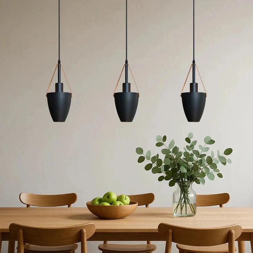 Two vintage pendant ceiling lights in sleek black metal, hanging from adjustable 105cm cords.