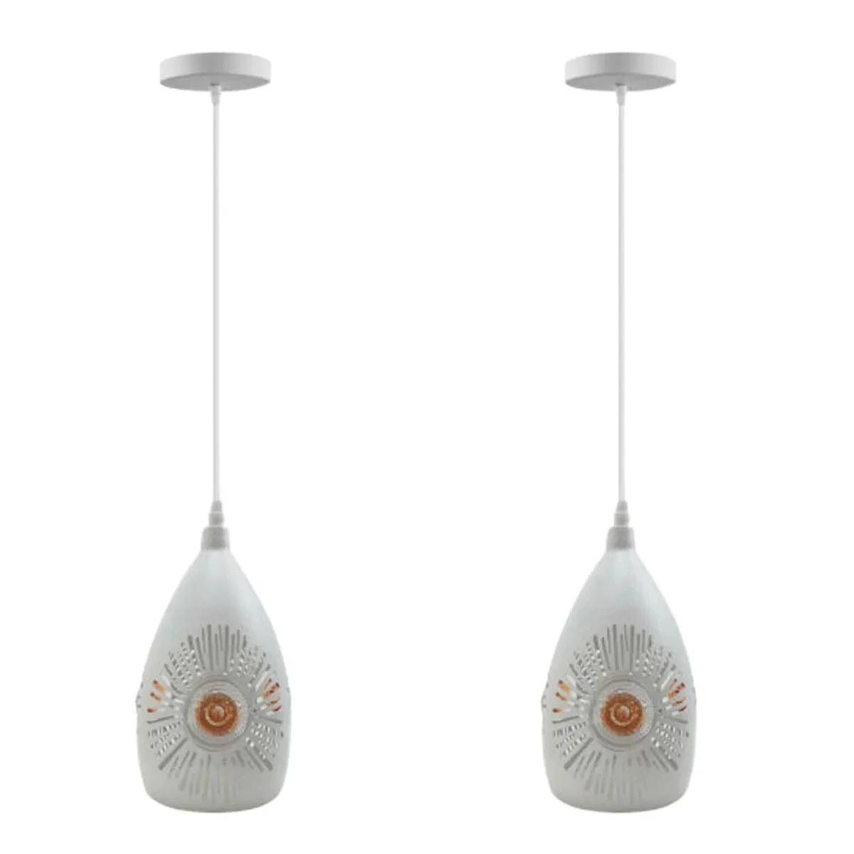 Two white metal vintage pendant lights with white interior shades, 3‑core wires, hung on sloped ceiling for stylish design.