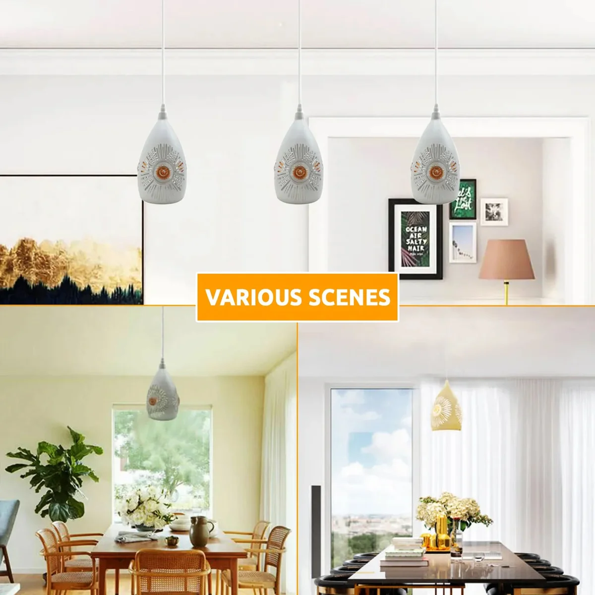Pair of white metal E27 bulb pendant lights, white interior lampshades, hanging from ceiling by 95 cm cable, fits ceilings.