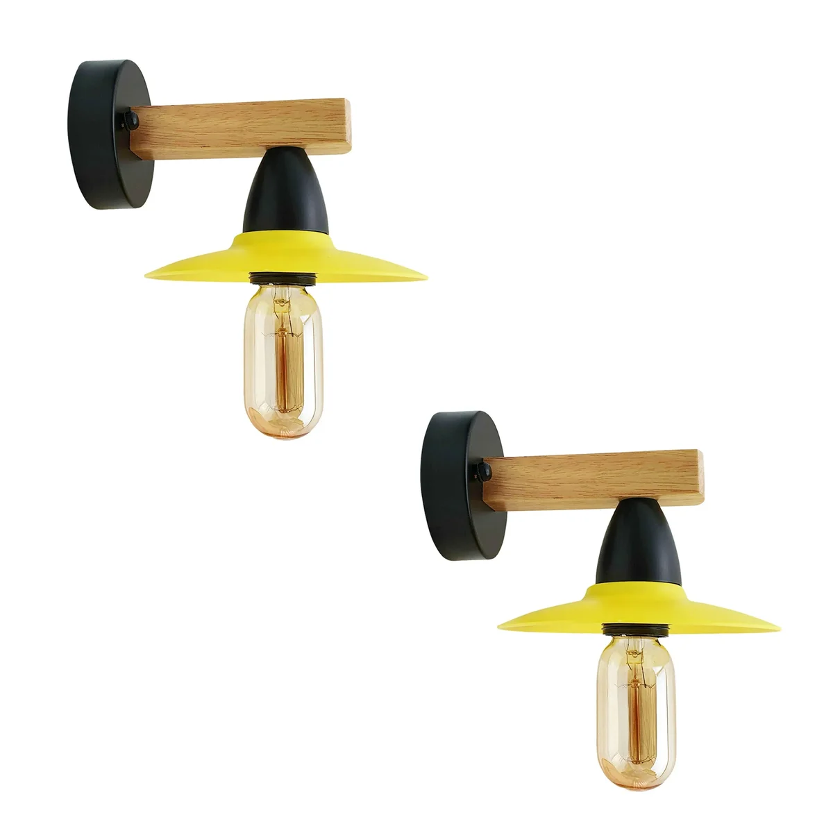 Two modern yellow LED wall light sconces with wooden shades, metal frames, mounted on a wall.