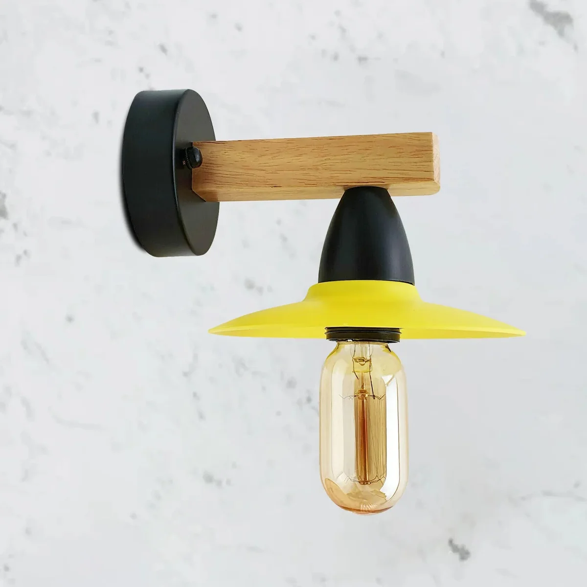 Modern wall sconce set: two yellow LED lights with wooden shades, metal housings, and E27 holders mounted on a wall.