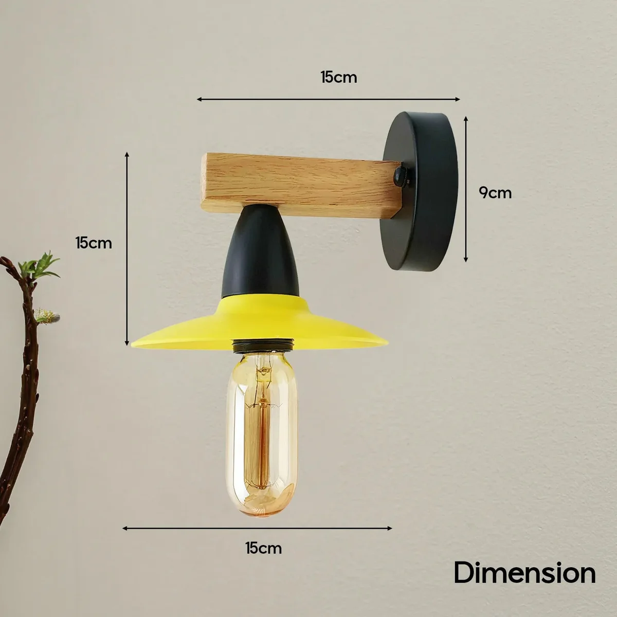 Two yellow LED wall sconces with wooden 15cm shade, metal base, featuring E27 lamp holder for dimmable indoor lighting