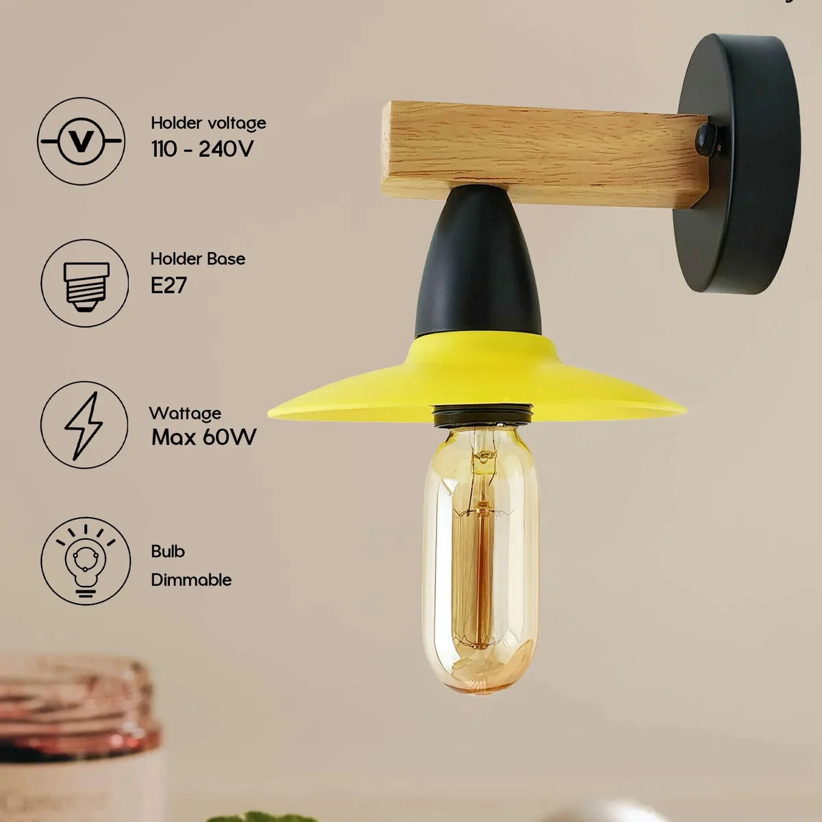 Two dimmable wall light fixtures with yellow LED bulbs, wooden shades and metal casings, modern style.