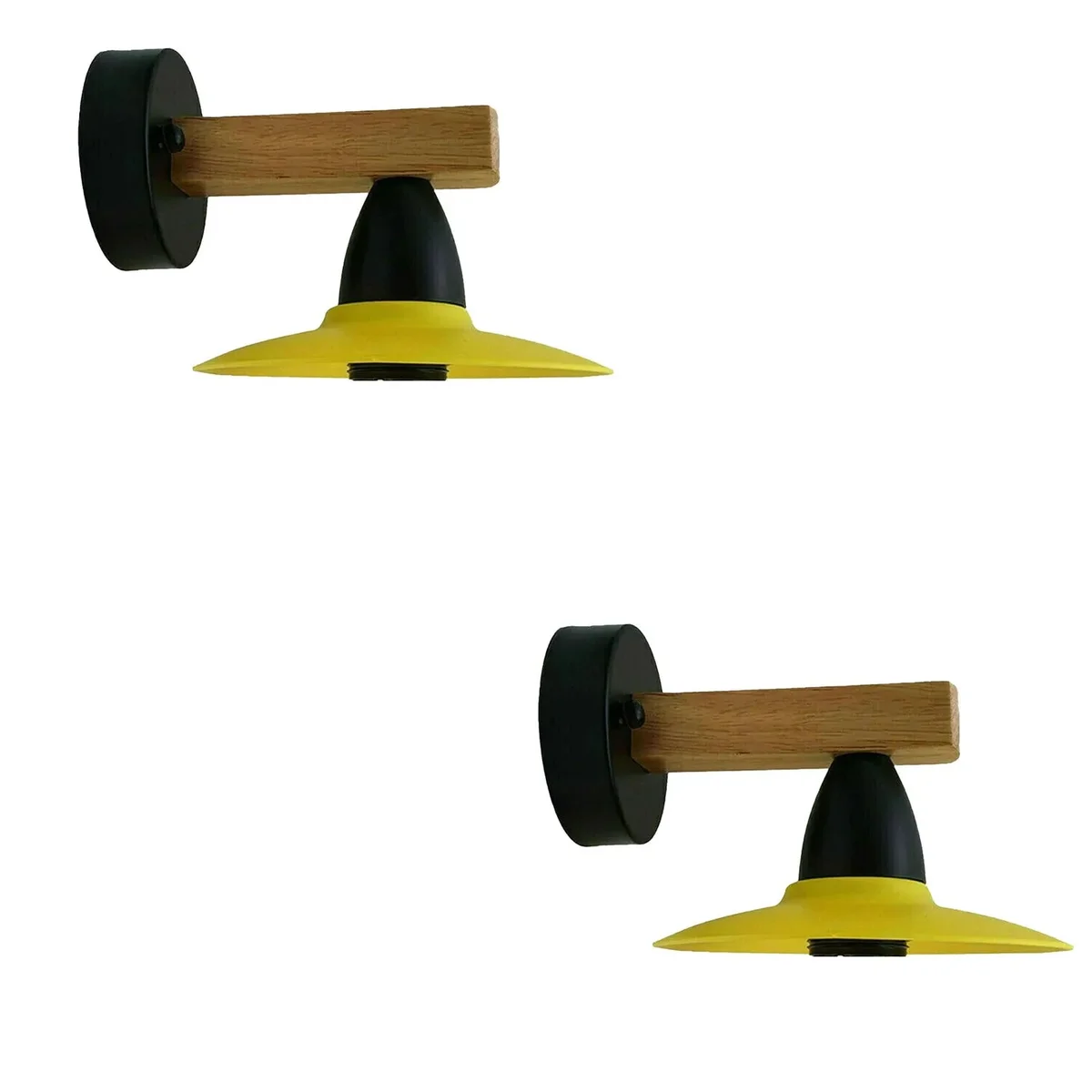Two modern wall sconces, wood and metal lamps with yellow LED fixtures and wooden shades.