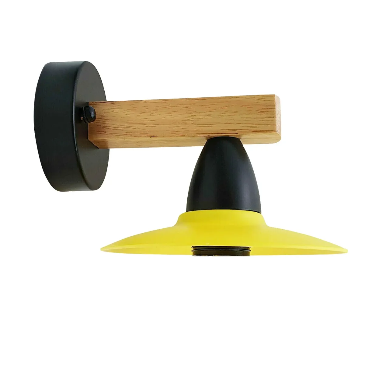 Two stylish metal wall lights with 15cm wooden shades, each a yellow LED wall light in a modern design.