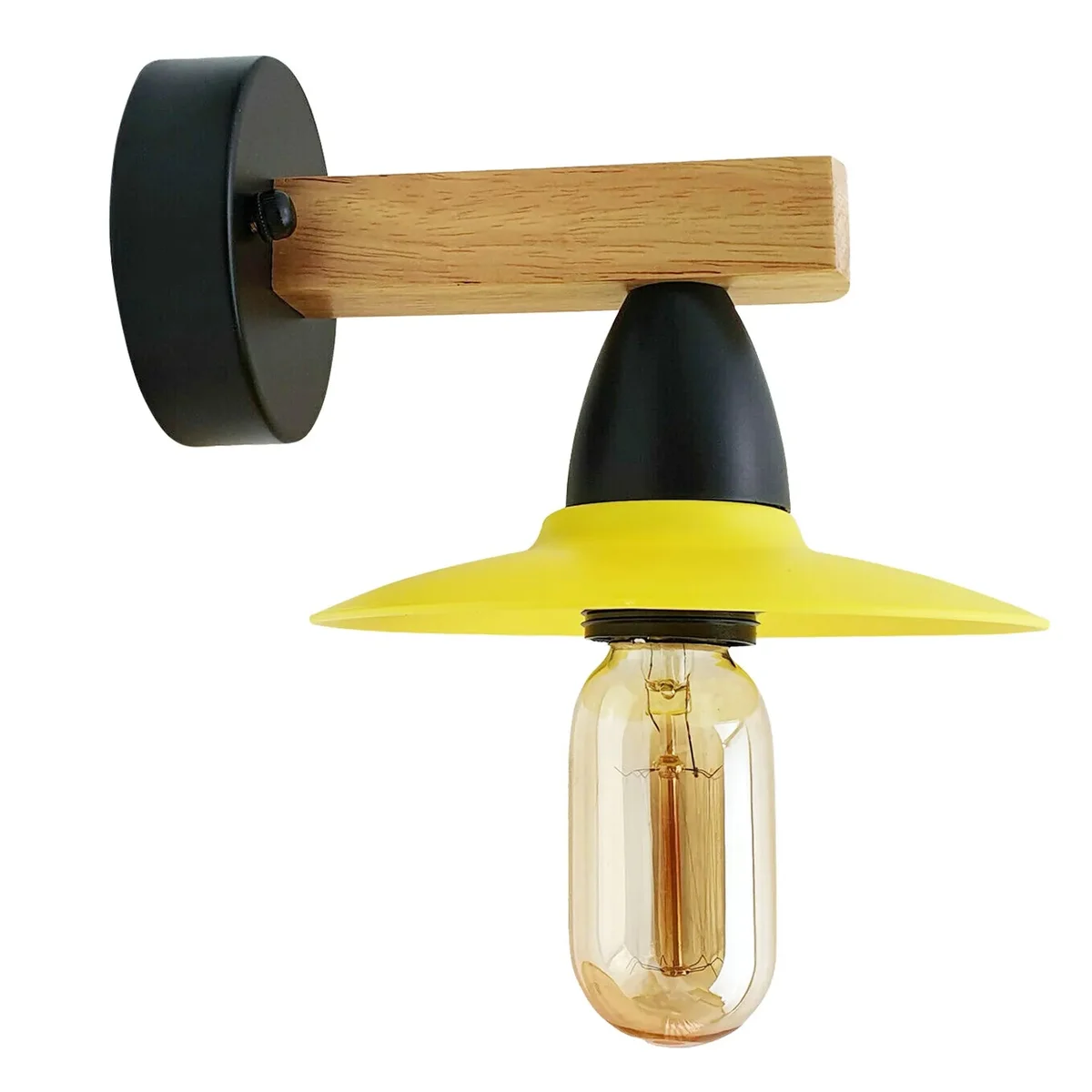 Yellow LED wall light sconce with wooden shade, metal housing and E27 holder on wall.