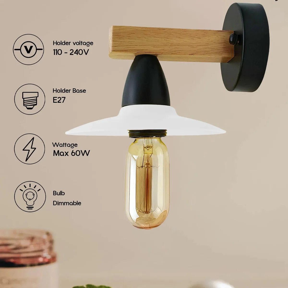 Two white modern wall sconces with metal bodies, wooden shades, and E27 holders, mounted flush to wall.