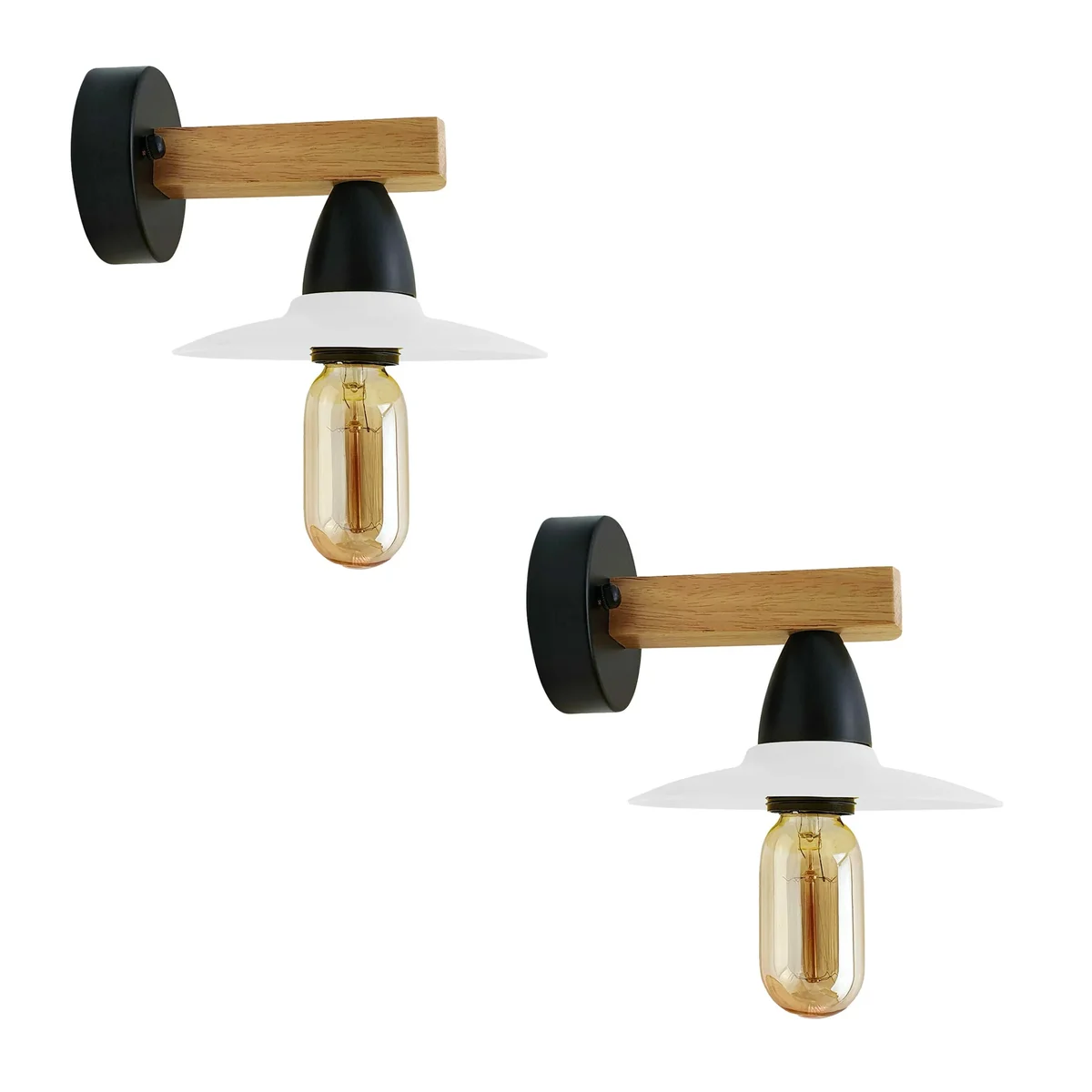 Two white modern wall sconces with wood shades featuring E27 lamp holders, metal fixtures.