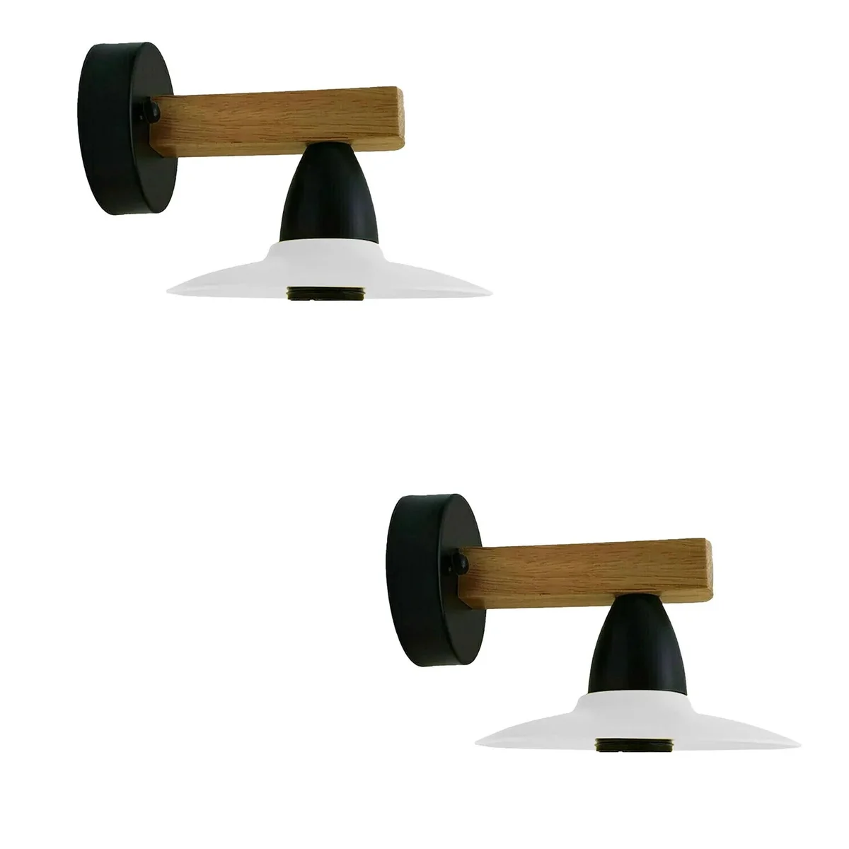 Modern white dimmable wall light sconces with wooden shades, 15 cm wide LED fixtures.
