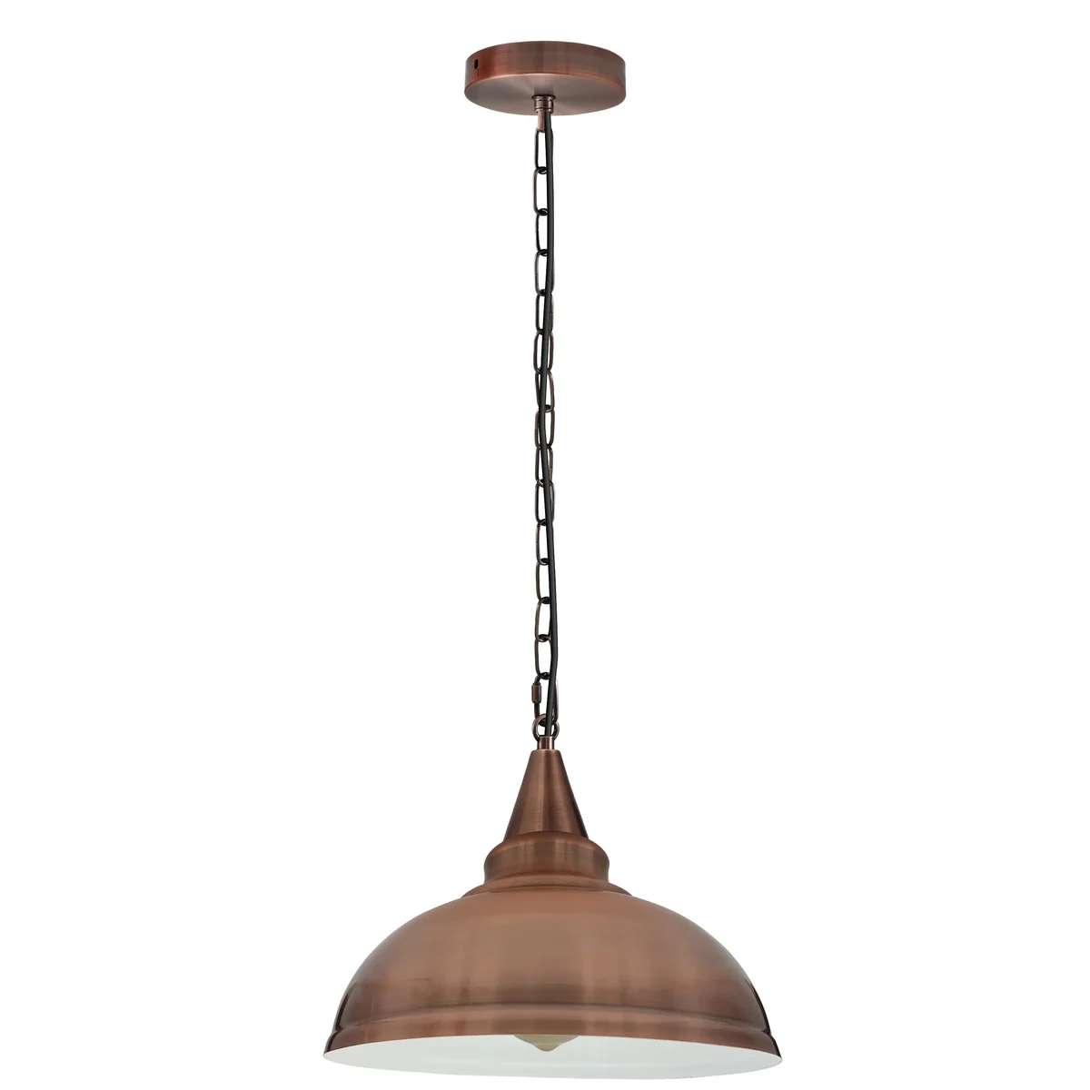 Vintage industrial pendant lamp with metal body, white hood, hanging from 95cm cable in a minimalist indoor setting