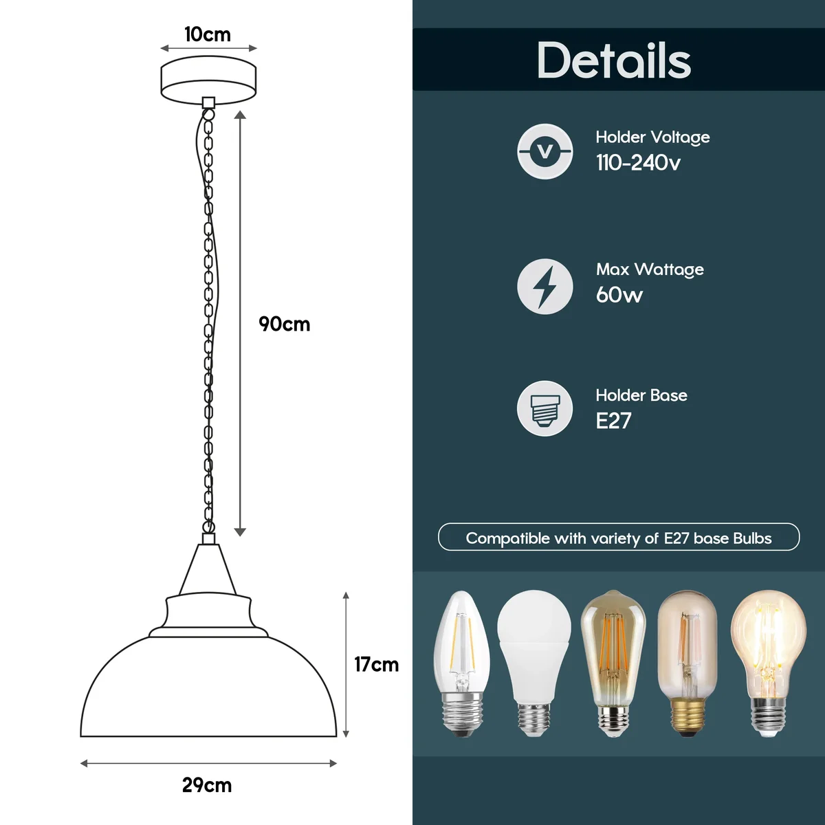 E27 bulb pendant lamp with metal frame and white interior shade hanging from adjustable cable