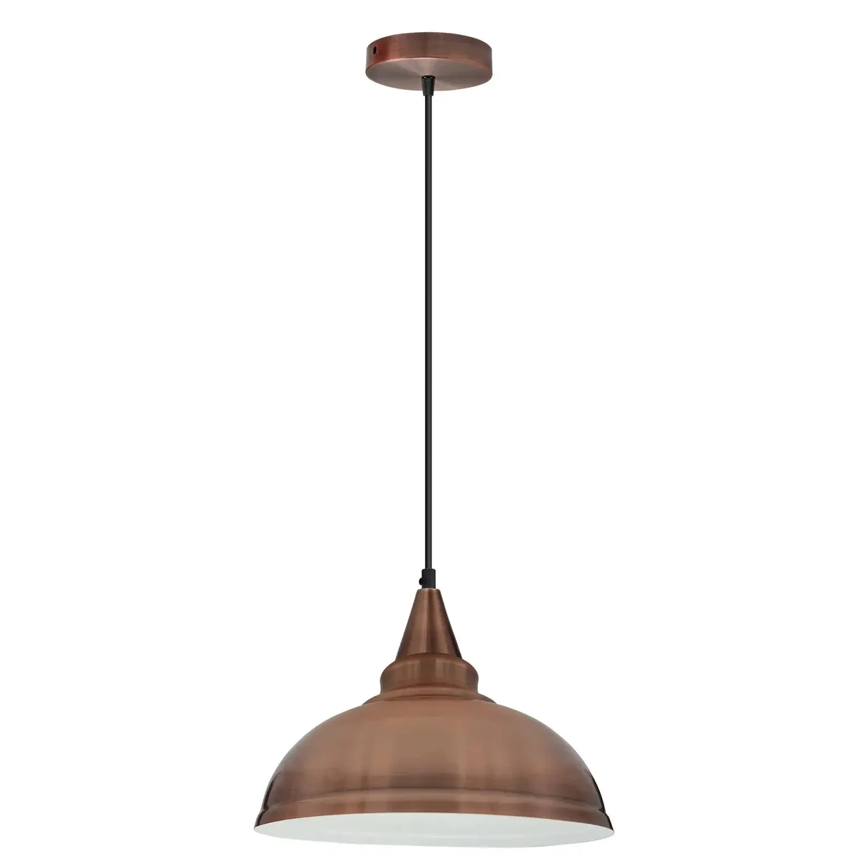 Copper ceiling pendant light with metal cage shade, vintage retro style, hanging from chain, sleek design.