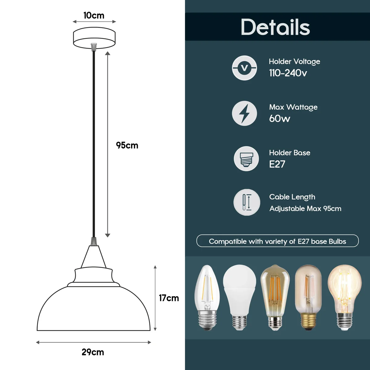Sleek vintage metal ceiling lamp shade on a metal base, white interior, 95 cm hanging cable.