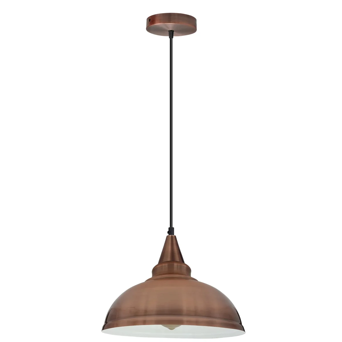 Metal and PVC E27 pendant light with vintage style hood, white interior, sleek dark finish, adjustable 95 cm cable.