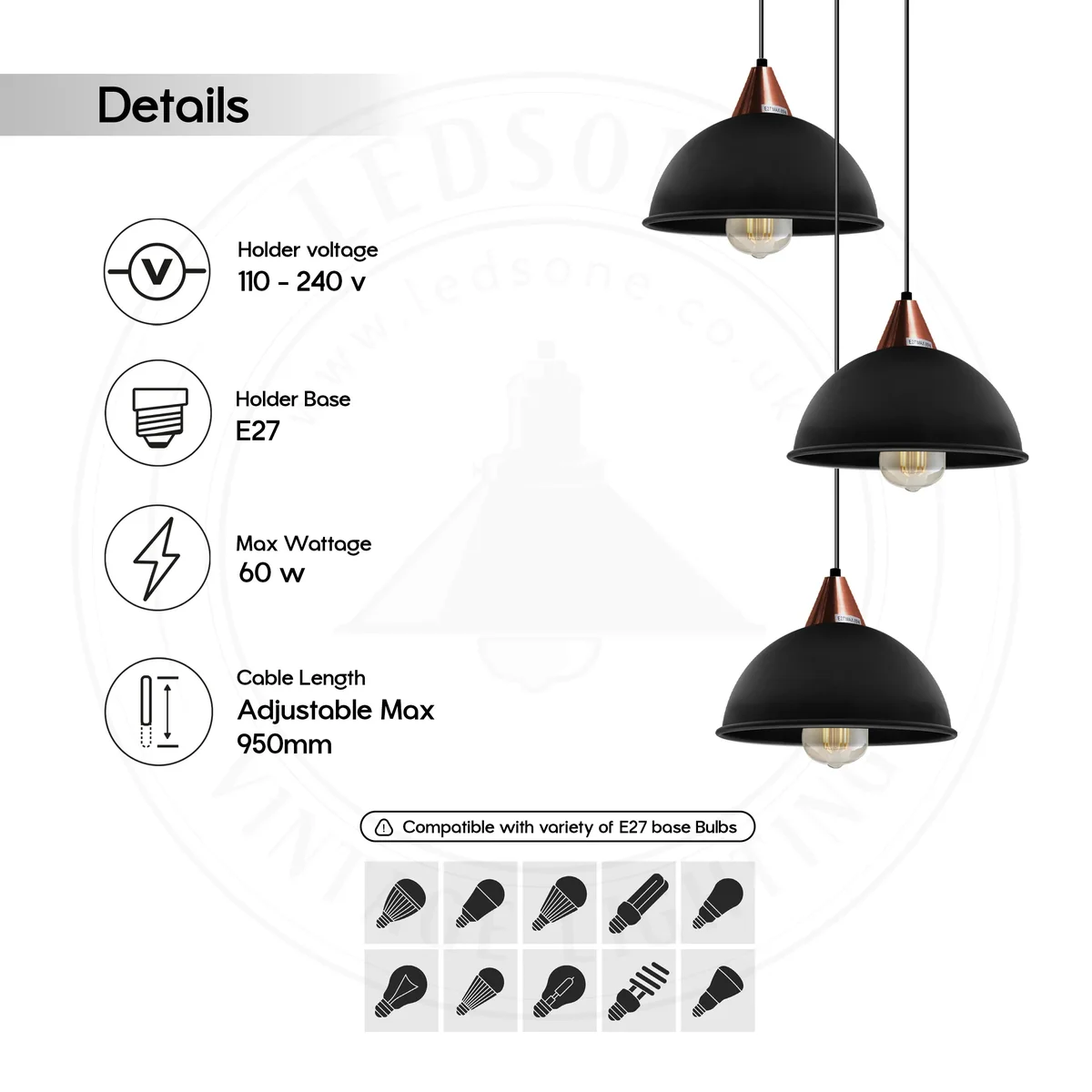 Retro dome pendant light with black metal body, three outlet sockets, vintage style, 21 cm diameter.