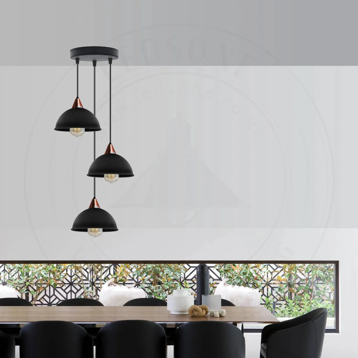Black retro three outlet ceiling lamp with 21cm round dome shade, metal and PVC housing.