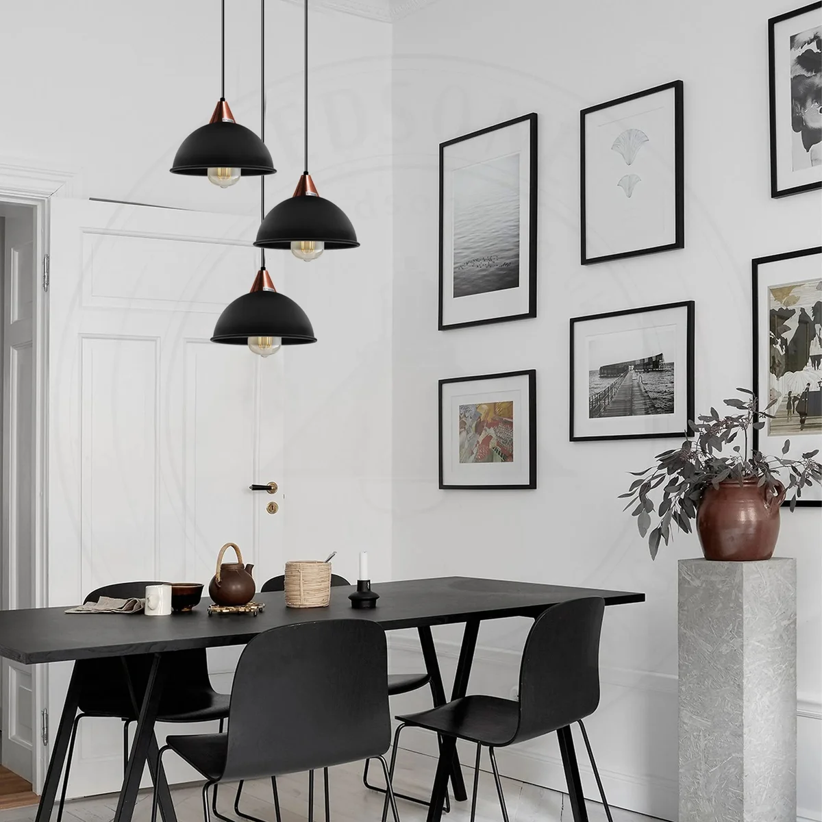 Black vintage E27 bulb pendant light with three round metal shades, hanging on adjustable 95cm PVC cord.