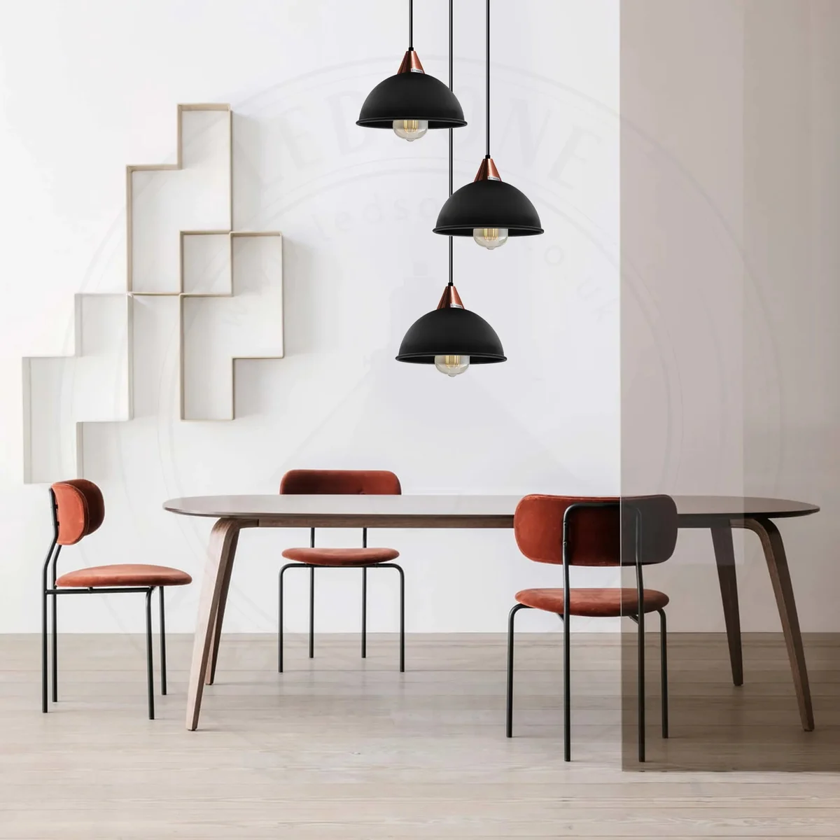 Black vintage pendant light with three round shades, adjustable cable pendant.